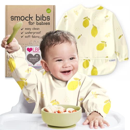 Nombear Waterproof Smock Baby Bibs for Eating and Baby Led Weaning - Long Sleeve Bib for Boys and Girls 6-12 Months