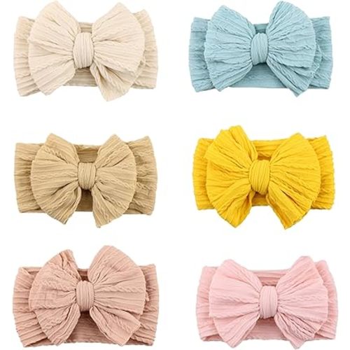 6 Pack Nylon Headbands with Stretchy Infant Bows, Pink Head Wraps for Newborns and Toddlers (03H-10)