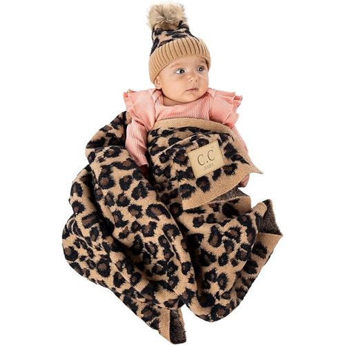Funky Junque Large Soft Warm Lightweight Baby Throw Blanket with Matching Beanie Bundle for Toddler Bed, Strollers, Naps, Daycare Preschool - Leopard Print - 1 Fur POM - Latte