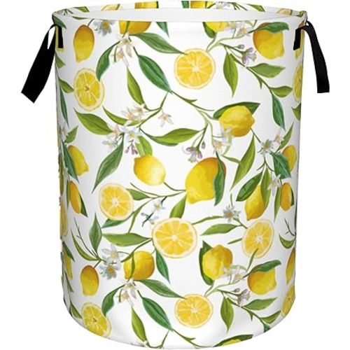 Summer Lemon Large Storage Basket,Flower Leaves Laundry Hamper/Bathroom/Home Decor/Collapsible Round Storage Bin,Boys Girls Dirty Clothes Hamper/Boxes/Toys Storage 16x20 Inch