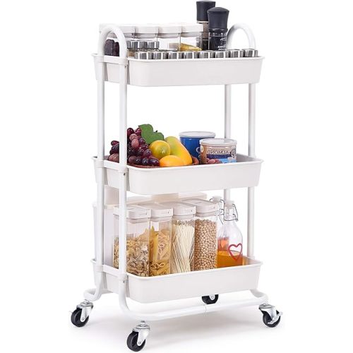 TOOLF Utility Rolling Cart with Lockable Wheels, Multi-Purpose Storage Organizer, Organizer Trolley with Handles, Serving Trolley with Mesh Basket for Home, Office, Kitchen, Bathroom (White)