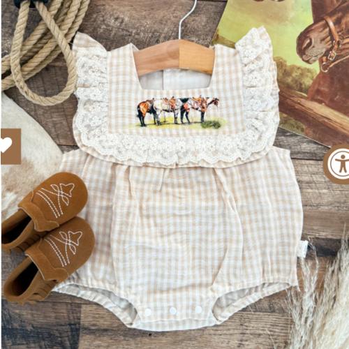 Saddle Up Horses Plaid Romper