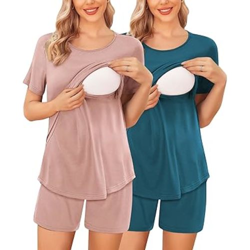 Ekouaer 2 Pack Women's Maternity Nursing Pajamas Double Layer Breastfeeding Sleepwear Short Sleeve Top & Shorts Pregnancy PJS
