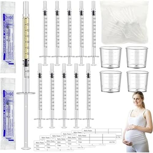 50PCS Colostrum Collector Set - 1 ml Breast Milk Collector Breast Catcher with 60Pcs Stickers 4Pcs 20 ml Measuring Cups and 1Pcs No Needle Collection Bag Breast Colostrum Collection Gift Set