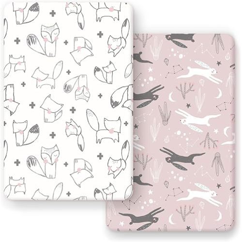 GRSSDER Stretchy Ultra Soft Jersey Knit Pack n Play Sheets Set 2 Pack, Portable/Mini Cribs Playard Sheets, Cute Foxes and Rabbits for Baby Girls and Boys