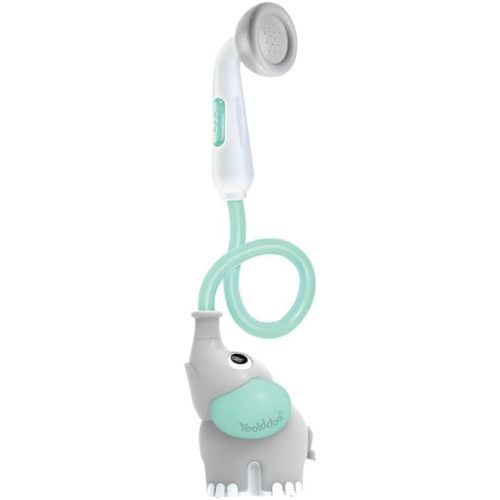 Yookidoo Baby Bath Shower Head – Elephant Water Pump with Trunk Spout Sprayer & Rinser, Dual Knob Flow Control, Bath Time Essential for Newborns, Tub or Sink (Blue, Animal)