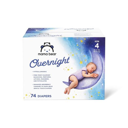 Amazon Brand - Mama Bear Disposable Overnight Baby Diapers, Hypoallergenic, Night Time Protection, Size 4 (74 Count), White