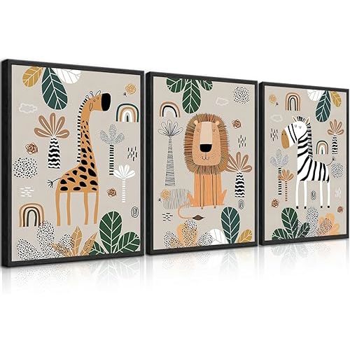 UUENPIH 3Pcs Boho Nursery Wall Art Baby Cute Safari Animals Canvas Wall Art Jungle Nursery Decor for Classroom Nursery Baby Children's Room Bedroom 12X16in Unframed