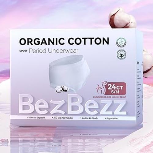 Organic Cotton Disposable Period Underwear for Women, Postpartum Diapers, Incontinence Pads for Sensitive Skin, Unscented, 360° Leakproof Panties Heavy Flow Overnight, Size S/M, 24 Count
