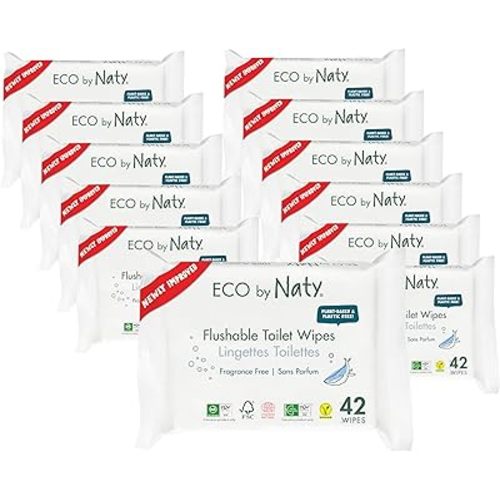 Eco by Naty Flushable Baby Wipes - Compostable and Plant-Based Wipes, Chemical-Free and Hypoallergenic Baby Wipes Safe for Baby Sensitive Skin, 42 Wipes Per Pack (12 Pk)