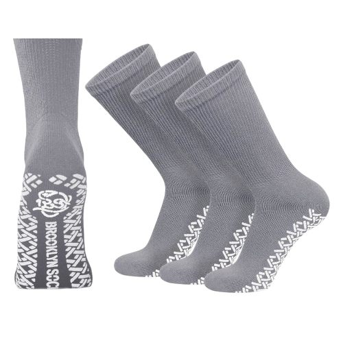 3 Pairs of Non-Skid Diabetic Crew Socks, Non Binding Top Therapeutic Cotton Gripper Socks (Grey, Size: 13-16)
