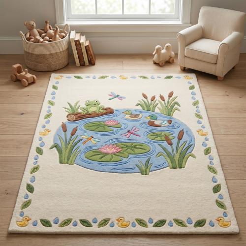 Hand Tufted Kids Pond Rug, Ivory Blue Green Nature Inpired Wool Rug