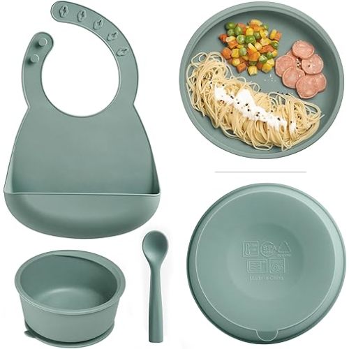 Silicone Baby Feeding Set, Toddler Plates and Bowls Set, Baby Feeding Set with Adjustable Bib Grey