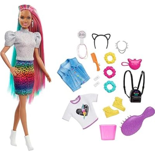 Barbie Doll Leopard Rainbow Hair with Color-Change Highlights & 16 Styling Accessories Including Clothes, Scrunchies, Brush & More