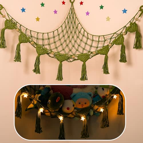 Stuffed Animal Storage Hammock, 56'' Jumbo Boho Macrame Tassels Corner Toy Holder Wall Hanging Net Organizer for Nursery Teddy Plushie, Avocado Green Plush Toy Net with Star Light for Boys Girls Gift
