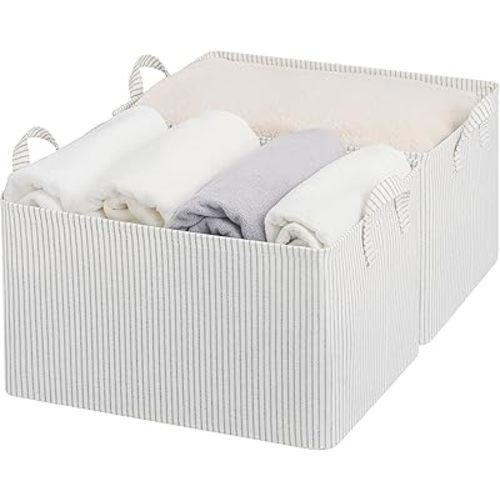 StorageWorks Storage Bins, Fabric Storage Bins for Shelves, Extra Large Storage Baskets with Metal Frame, Closet Baskets and Bins with Handles, Jumbo, Gray and White Stripes, 2-Pack