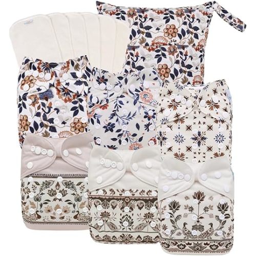 babygoal Boho Cloth Diapers Pack of 13, Baby Reusable Washable Pocket Nappy, 6pcs Diapers+6pcs Rayon from Bamboo Inserts+Wet Bag,6FG49-MB-B