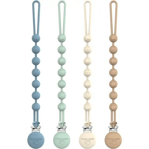 Cuddle Campus Silicone Pacifier Clip Holder with One Piece Design, Pack of 4 Soft Flexible Binky Clips with Texture for Baby Boy and Girl
