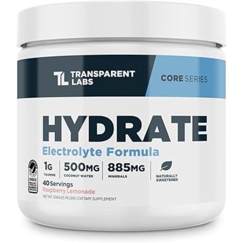 Transparent Labs Hydrate Sugar Free Electrolytes Powder - Hydration Powder Electrolytes with Coconut Water, Calcium, Taurine, & Potassium - 40 Servings, Raspberry Lemonade