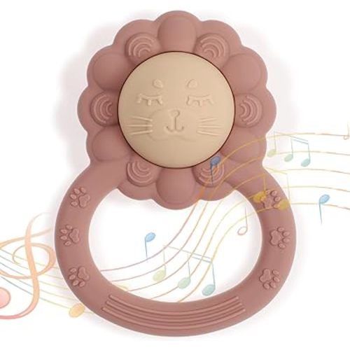 Rattle Teether, Lion Shape Montessori Baby Sensory Teething Toys, Food Grade Silicone BPA Free, Newborn Essentials Must Haves (Shifting Sand Dusty Lilac)