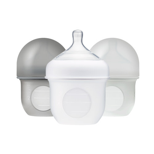 Boon Nursh Non-Drip Formula Milk Slow Feed Newborn Silicone Baby Bottle, Air-Free Feeding, 4 Oz, 3 Pk