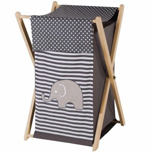 Bacati - Elephants White/gray Laundry Hamper With Wooden Frame