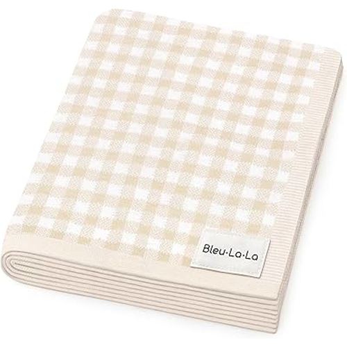 Checkered Baby Blanket Swaddle - 100% Soft Cotton Quilt Swaddling Stroller Blanket for Nursery Bed Shower Baby Gift Registry for Newborns Toddlers Boys & Girls (Plaid - Beige)