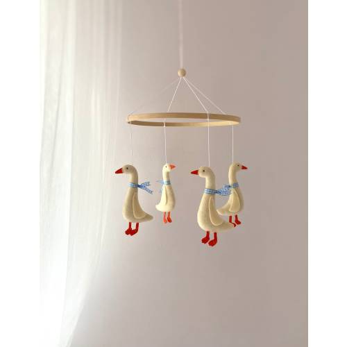 Duck Nursery - Baby Mobile Goose Blue Ribbon - Neutral Nursery Decor - Crib Mobile Handmade - Geese Baby Shower Boys/Girls - Felt Goose