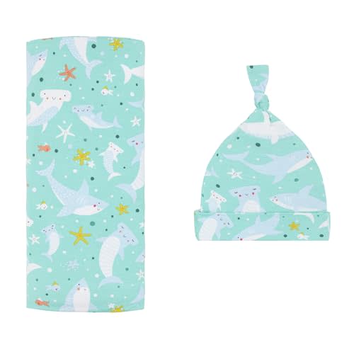 Little Sleepies Swaddle & Hat Set, Baby Swaddles Newborns, Soft Viscose from Bamboo Swaddle Blanket Wrap (Shark Soiree)