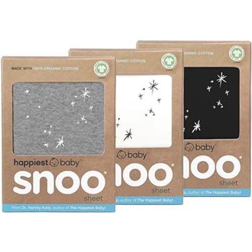 Happiest Baby SNOO Bassinet Fitted Sheet - 100% Organic Cotton Nursery Bedding - Fits SNOO Sleeper Crib Mattress - 3-Pack Bundle (White, Grey, Black)