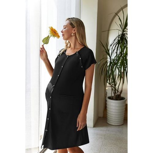 Ekouaer 3 in 1 Nursing Dress Maternity Nightgown Labor/Delivery Breastfeeding Birthing Gown with Button - Large - A-black