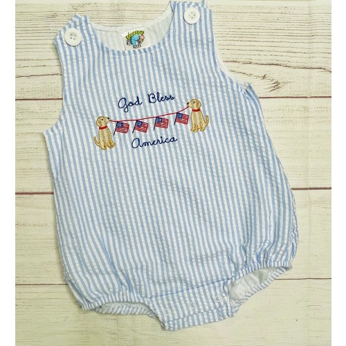Embroidered Patriotic puppy seersucker bubble, God Bless America seersucker bubble romper,baby boy USA outfit, Toddler 4th of July outfit