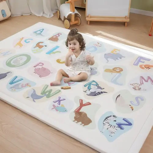 1.3" Thick Educational Baby Floor Play Mat 59x79, Basic Padded Memory Foam Kids Mat, Non-Slip Plush Playmat for Nursery Playroom Classroom (ABC Animal)