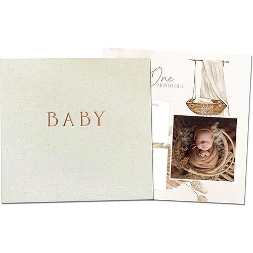 Peachly Unisex Baby Memory Book, Minimalist Baby First Year Keepsake for Milestones, Simple Baby Scrapbook for Boy Girl Milestones, Natural Linen (Haven)