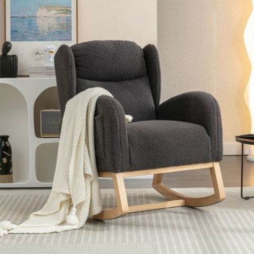 Dark Gray Teddy Fabric Wooden Rocking Chair, Comfy Accent Armchair with Pockets, Solid Wood Legs for Living Room – Cuddlewood