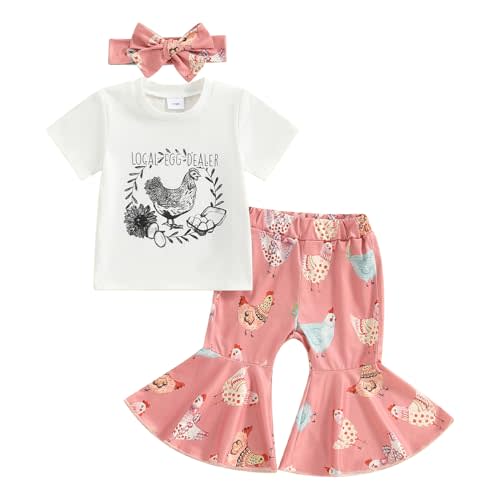 Gueuusu Toddler Baby Girl Farm Outfit Local Egg Dealer Chicken T Shirt Chick Bell Bottom Pants Headband Set Farm Baby Clothes