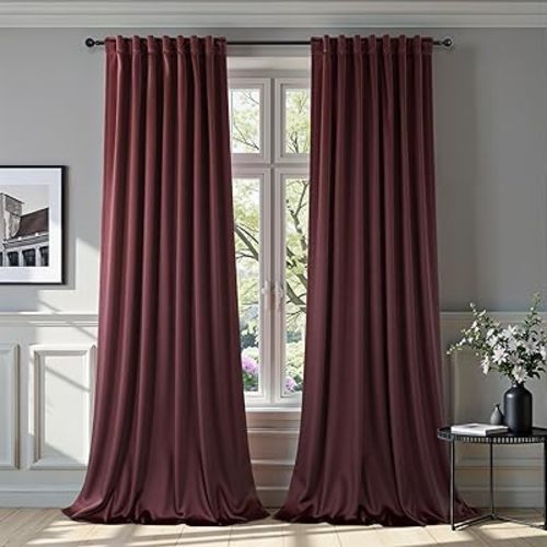 Room Darkening Luxurious Velvet Curtains Ruby Wine 108 Inches Long 2 Panel Noise Absorbing Thermal Insulating Drapes Feminine Curtains for Bedroom Holiday Party Backdrops Media Movie Theater Film Room