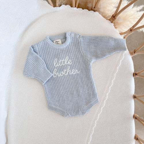 'Little Brother' Long Sleeve Knit Romper - Powder Blue