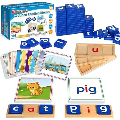 Learning Toys for 3 4 5 Years Old Kids - 116Pcs Short Vowel Letters Sorting Spelling Reading Toy Set with Double-Sided Flash Cards, Preschool Kindergarten Learning Activities Toy for Boys Girls