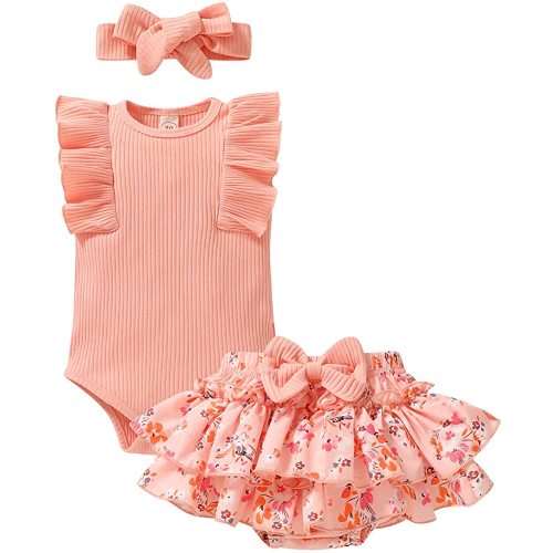 Tiny Cutey Baby Girl Clothes Infant Summer Outfits Set Ruffle Sleeve Romper and Floral Shorts with Headband