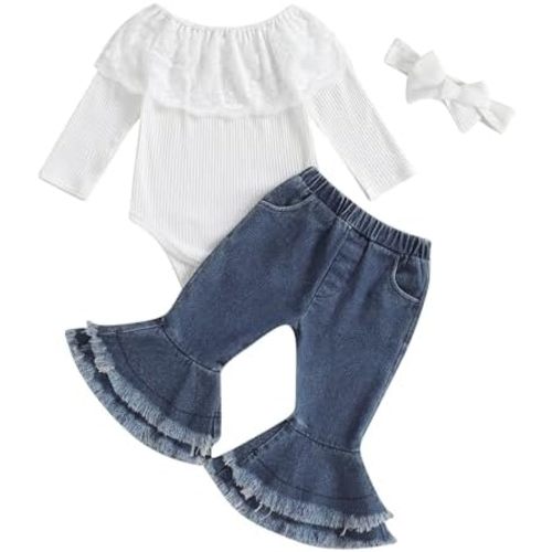 fhutpw Newborn Baby Girl Clothes Infant Rib Frill Long Sleeve Romper Flared Pants Headband Set 3pcs Fall Winter Outfits