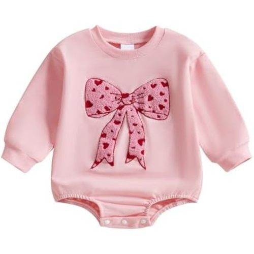 Newborn Baby Girl Fall Outfit Bow Oversized Sweatshirt Bubble Romper Long Sleeve Sweater Bodysuit One-Piece Jumpsuit