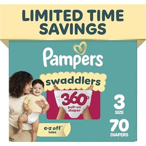 Pampers Diapers - Swaddlers 360° - Size 3, 70 Count, up to 100% Leakproof Comfy Dry Fit, Designed for Easy Changes, Pull On Baby Diaper