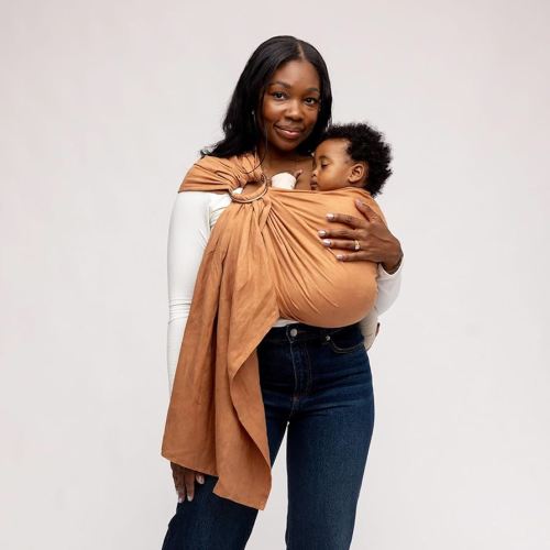 WildBird - Ring Sling Baby Carrier - 0-36 Months (up to 35 lbs) - Standard (74") Willow & Gold Ring - Front, Hip or Back Carry - Adjustable Fit - Natural Linen - Baby Essentials - New Mom Gifts