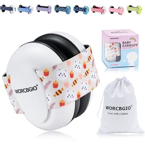Infant Ear Protection Noise Cancelling Baby Ear Muffs, Toddler Hearing Protection with Adjustable Elastic Headband (Bear, White