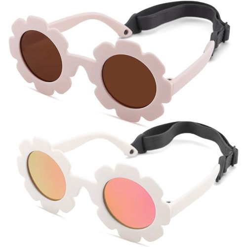 Hycredi Flexible Bendable Flower Baby Polarized Sunglasses with Strap for Newborn Infant Girls Age 0-24 Months - A6* Matte White/Purple Red Mirror + Matte Beige White/Brown - 32 Millimeters
