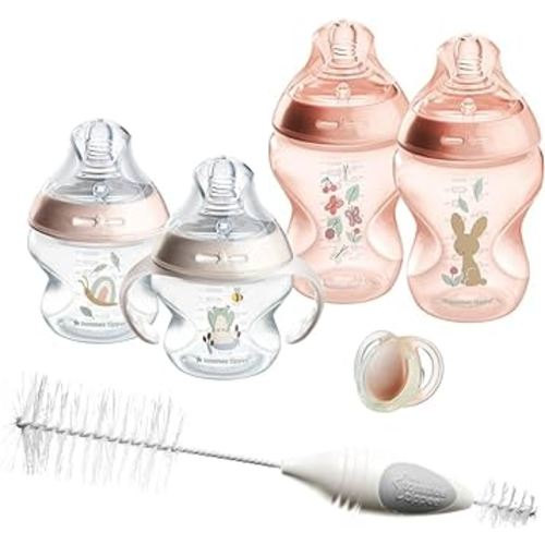 Tommee Tippee Natural Start Baby’s First Bottle Set, 2 x 5oz and 2 x 9oz Anti-Colic Bottles, Slow and Medium Flow Nipples, 0-6 month Pacifier, Self-Sterilizing, Pink