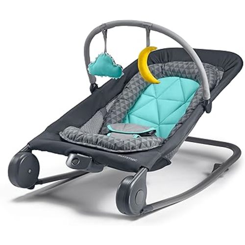 Summer Infant 2-in-1 Bouncer & Rocker Duo (Gray and Teal) Convenient and Portable Rocker and Bouncer for Babies Includes Soft Toys and Soothing Vibrations