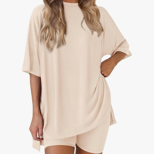 PRETTYGARDEN Women 2 Piece Lounge Set 2026 Summer Casual Oversized Shirts Biker Shorts Matching Airport Travel Outfit Clothes