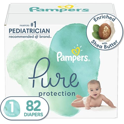 Diapers Newborn/Size 1 (8-14 lb), 82 Count - Pampers Pure Protection Disposable Baby Diapers, Hypoallergenic and Unscented Protection, Super Pack (Packaging May Vary) - Size 1 (82 Count)